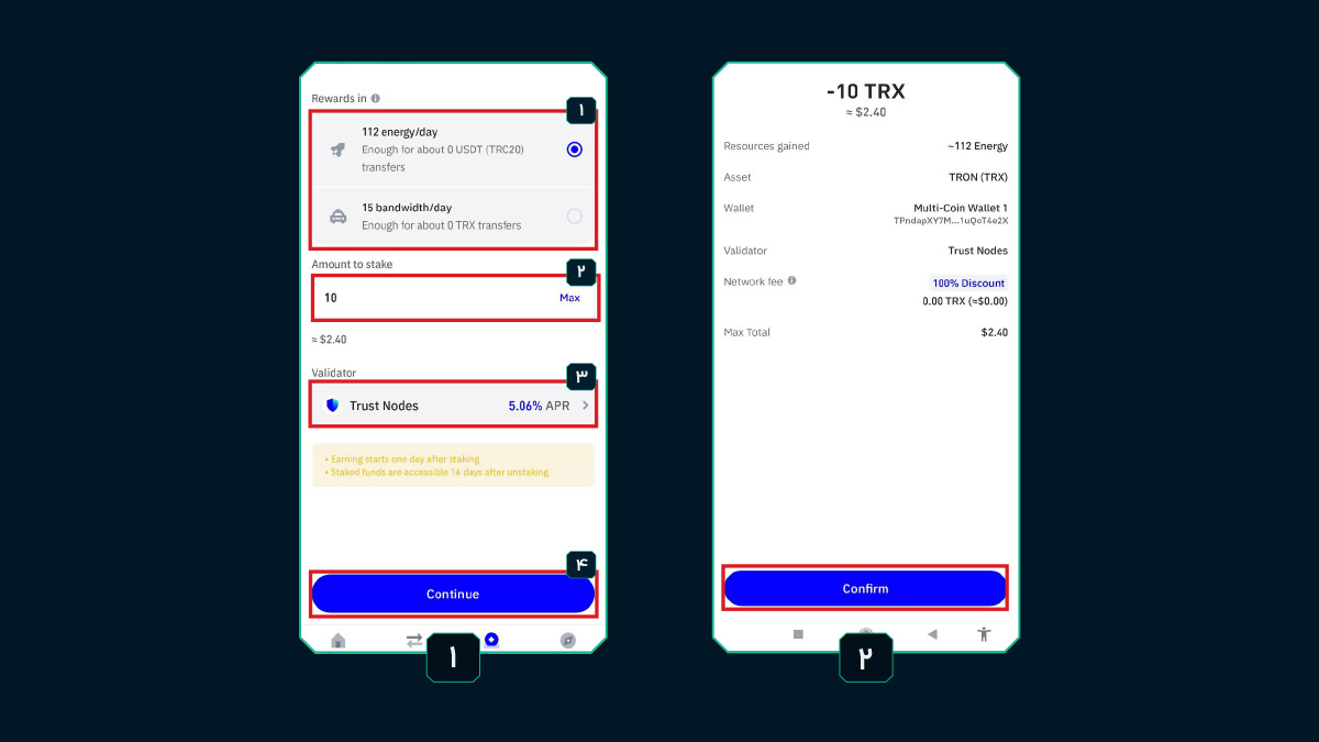 مراحل استیک ترون (TRX) در تراست ولت