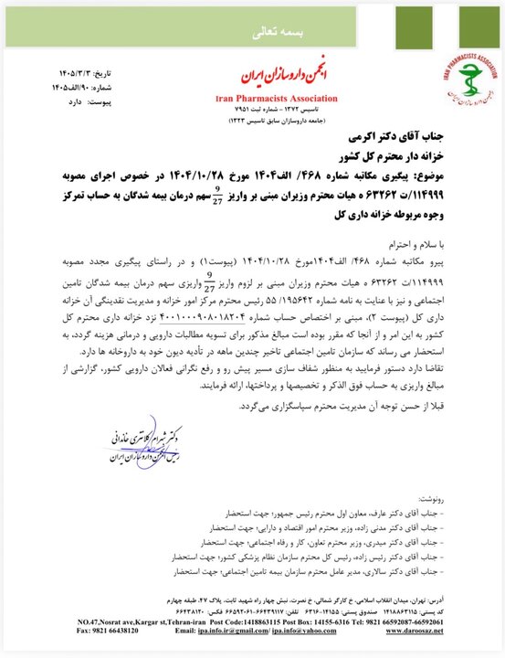 درخواست از خزانه داری برای واریز سهم درمان+نامه