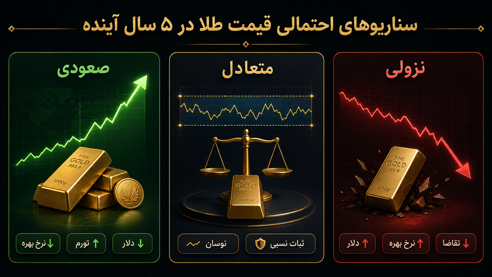 پیش بینی قیمت طلا در ۵ سال آینده؛ عوامل موثر بر روند بازار سناریوهای احتمالی قیمت طلا در ۵ سال آینده